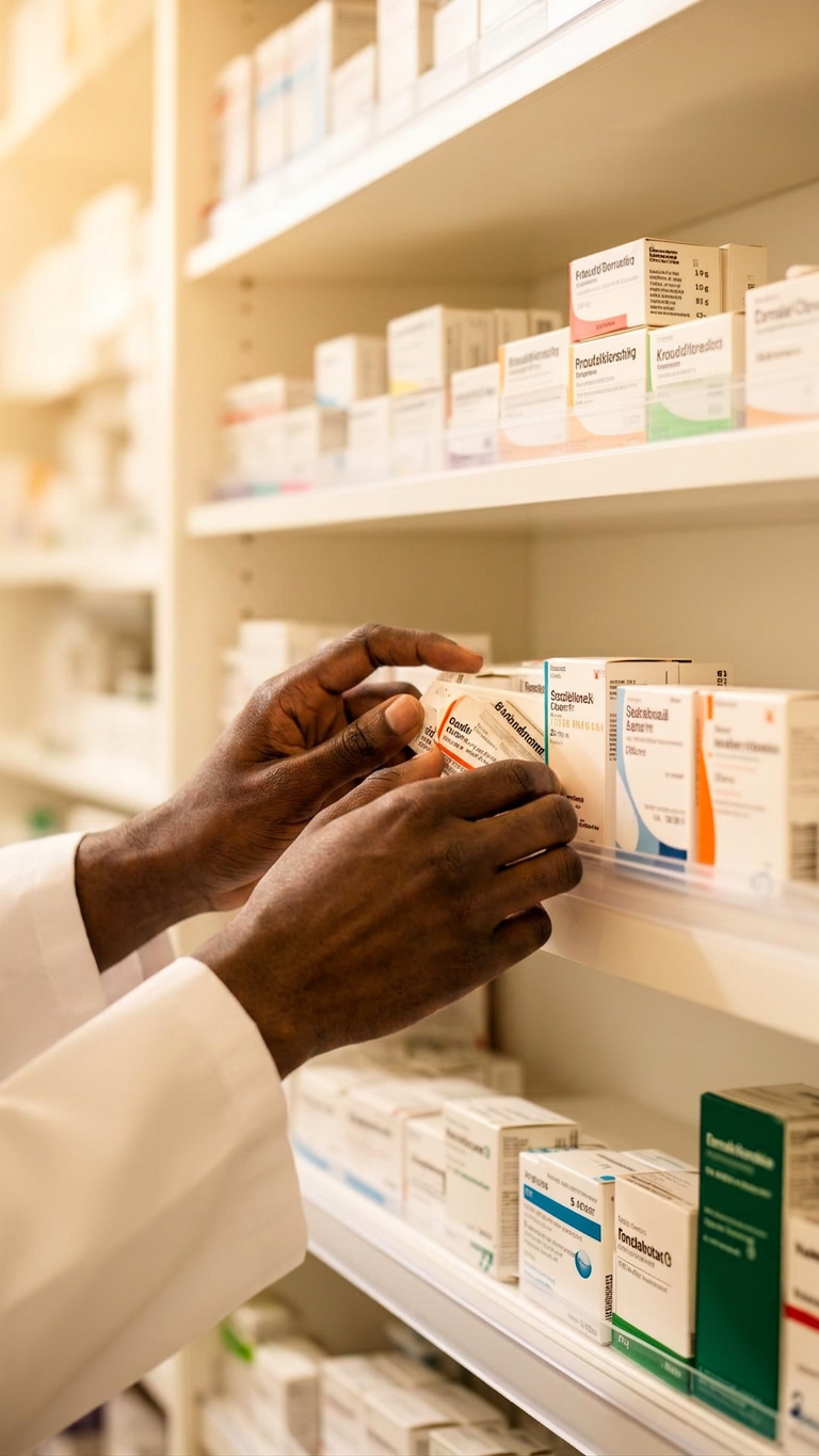 Pharmacist arranging medication on a shelf